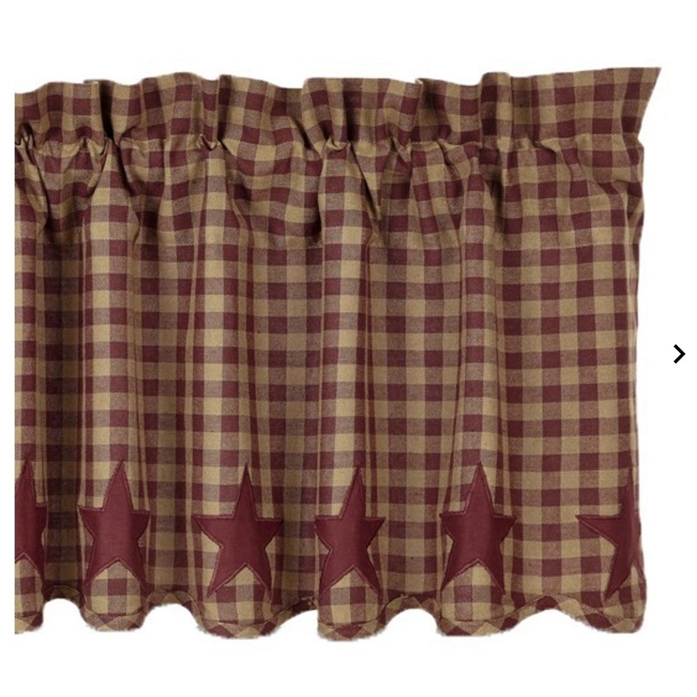 Primitive 24"x36" Burgundy Star Tier Scalloped Kitchen Tan Curtain Valance NEW